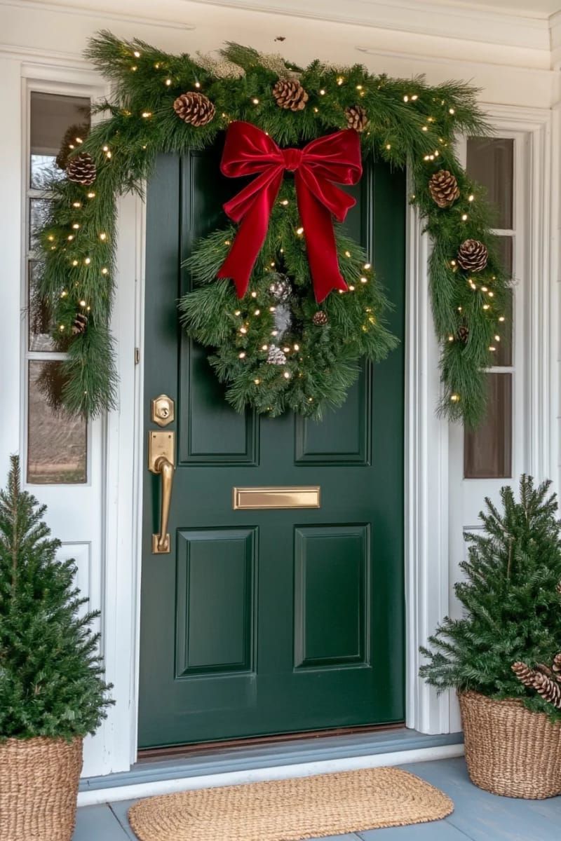 oversized red velvet bow with classic pine garland and pinecones around the door 1