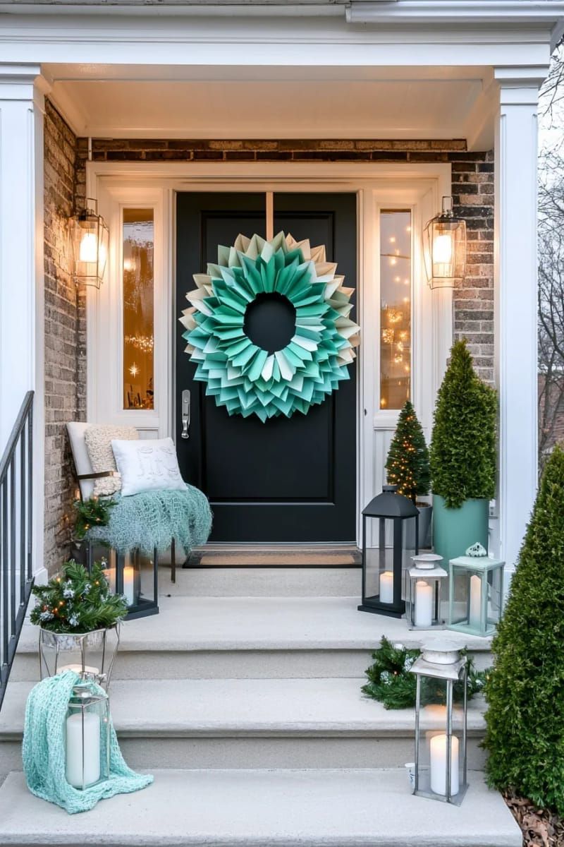 sleek modern wreath made of folded paper christmas trees in ombre colors 1
