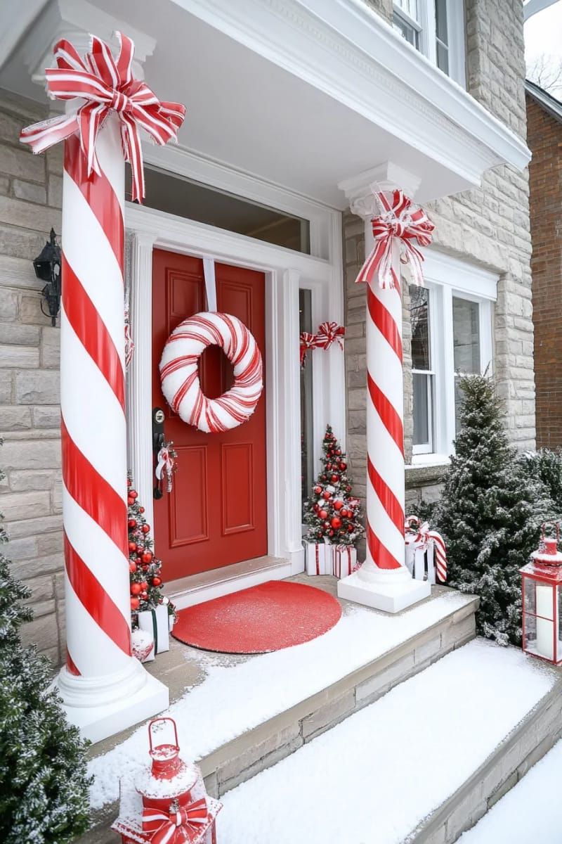 candy cane striped columns and a peppermint wreath for a whimsical entry 1