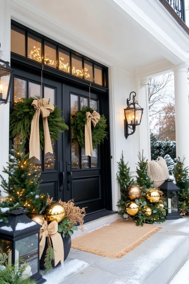 elegant gold and black ornaments with eucalyptus and neutral ribbon accents 1