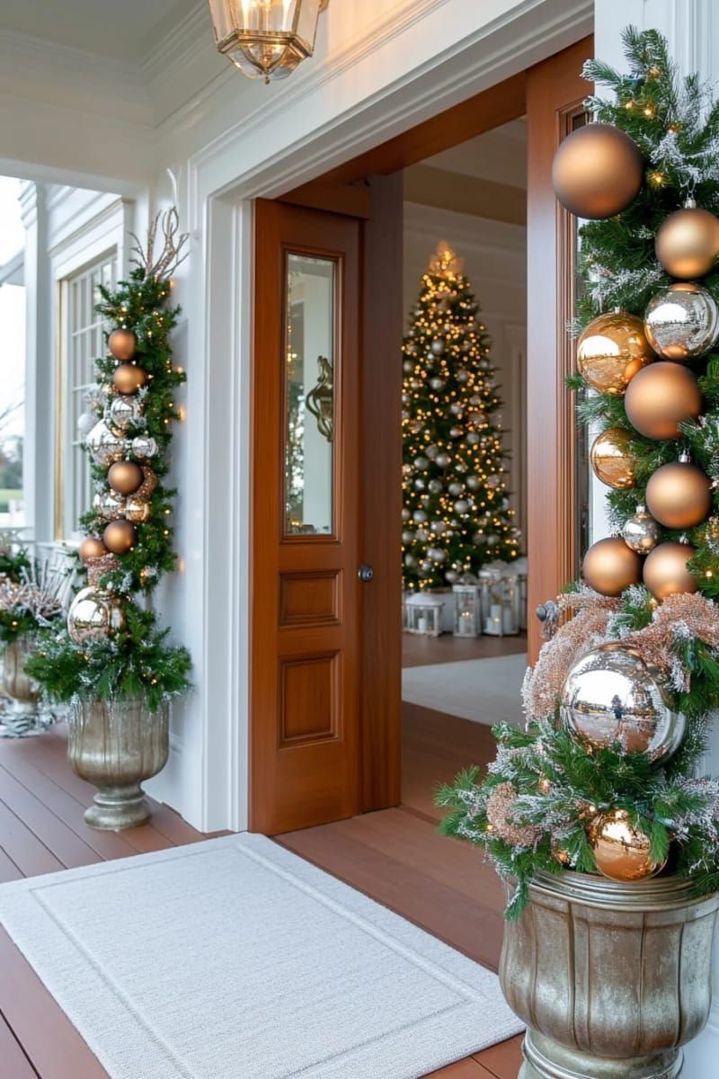 shimmering metallic ornament clusters and frosted greenery on both sides 1