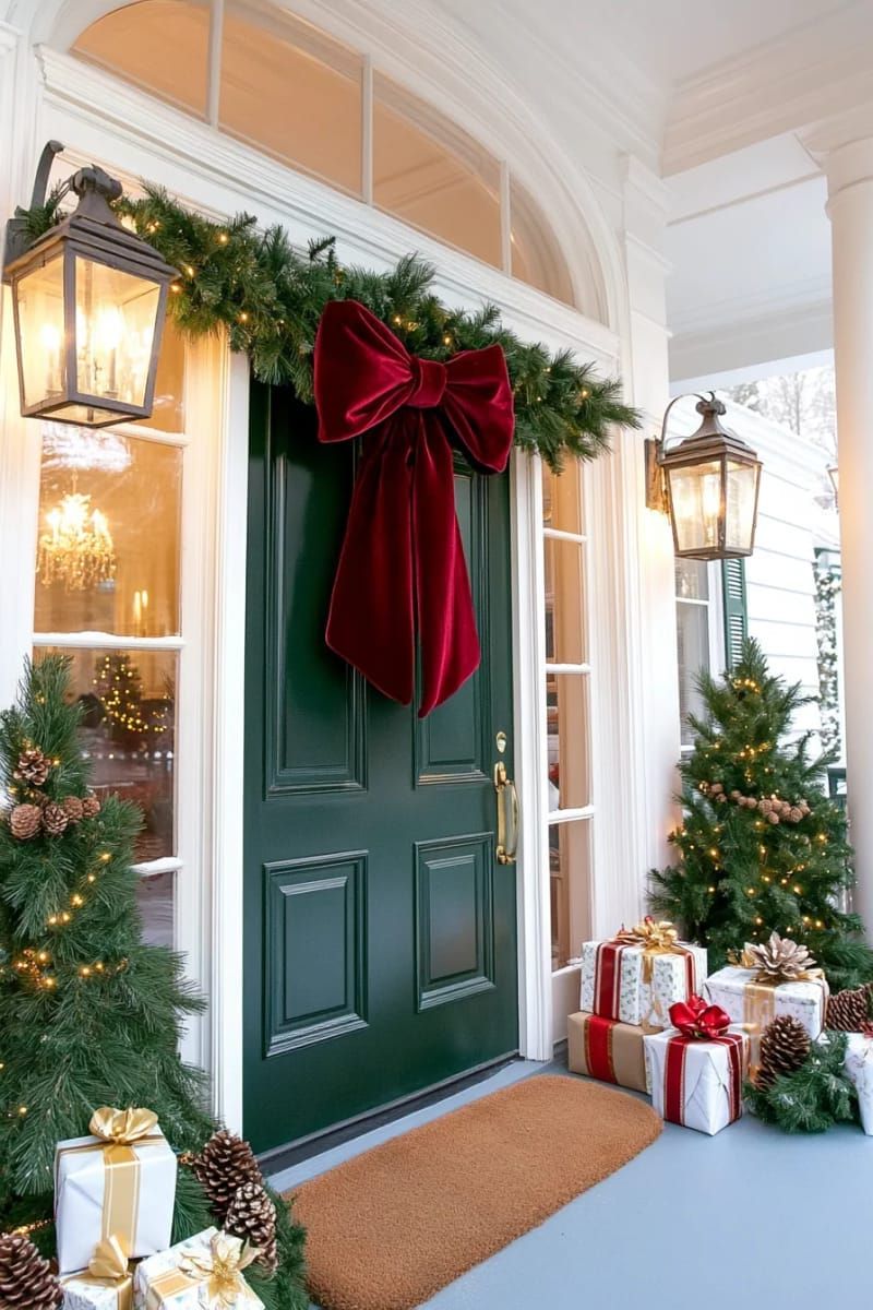 oversized red velvet bow with classic pine garland and pinecones around the door 1