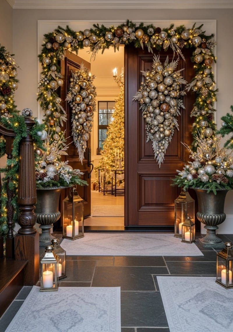 shimmering metallic ornament clusters and frosted greenery on both sides 1