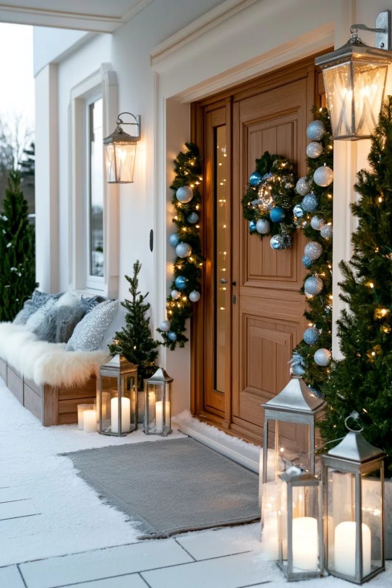 monochrome blue and silver bauble garland with star-shaped fairy lights 1
