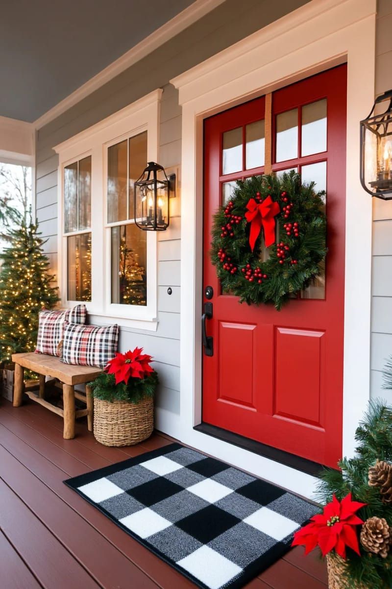 cozy red front door with layered wreaths and plaid floor mat 1