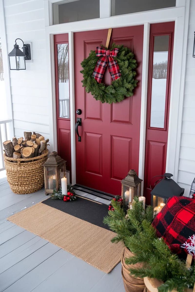 traditional farmhouse wreath with plaid bow and rustic berry branches 1