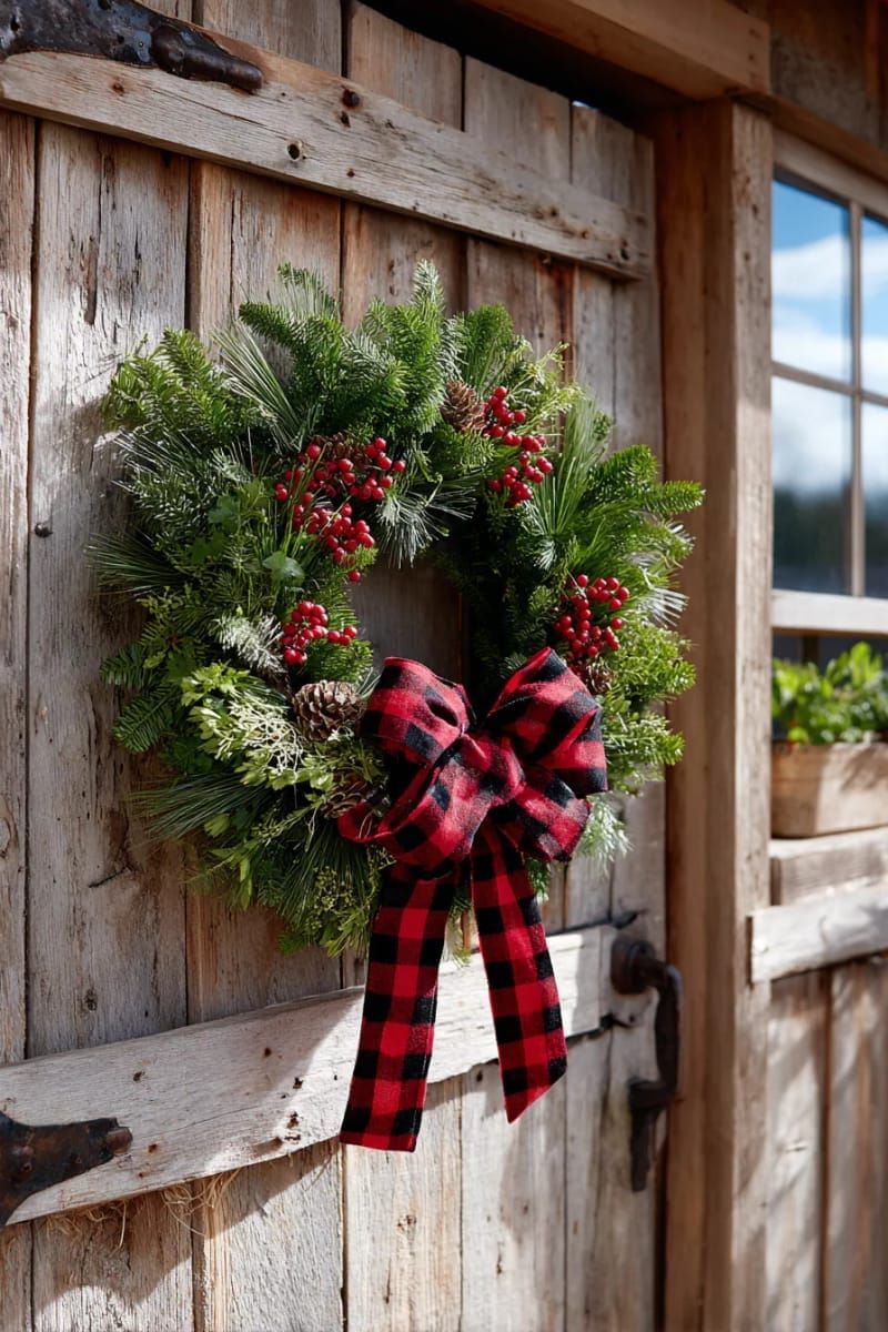 traditional farmhouse wreath with plaid bow and rustic berry branches 1