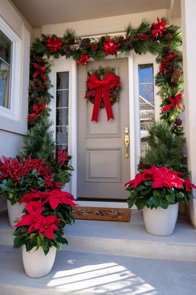 poinsettia-filled planters with matching garland and red ribbons 1