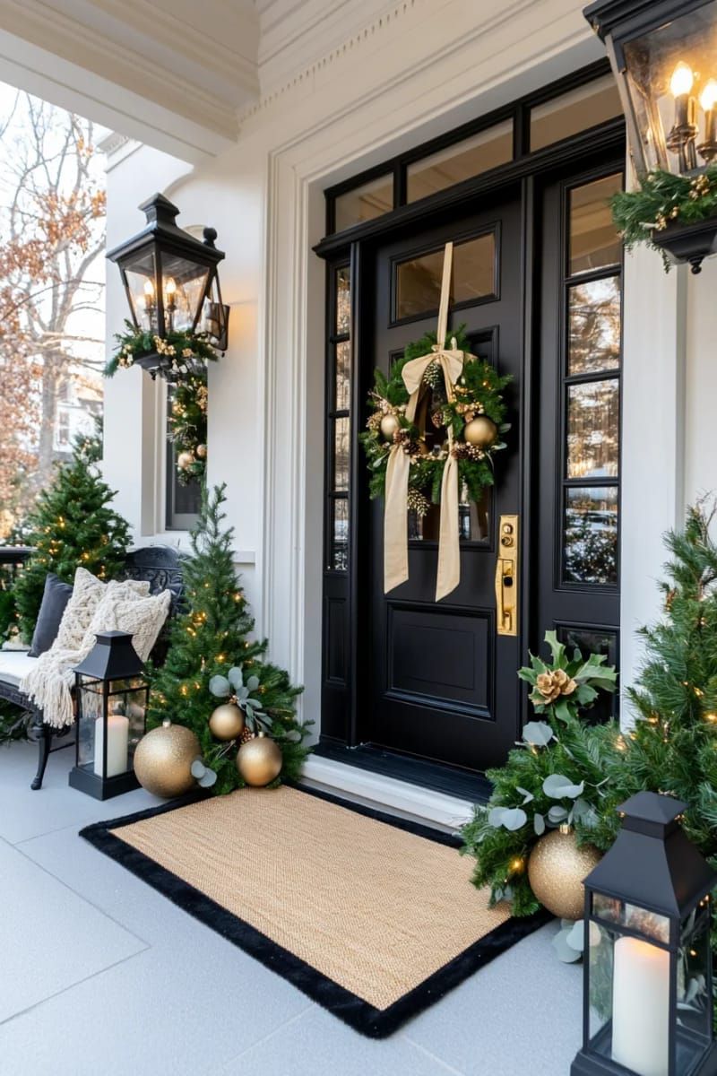 elegant gold and black ornaments with eucalyptus and neutral ribbon accents 1