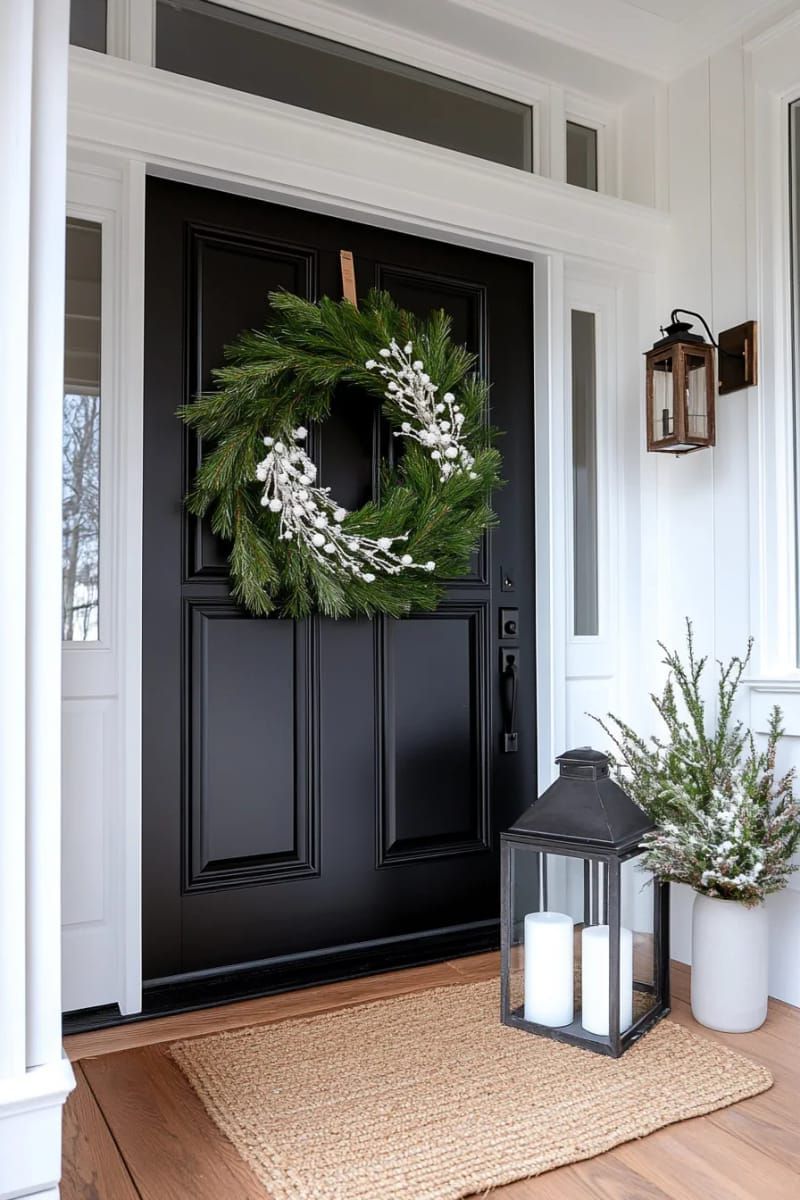 minimalist scandinavian pine wreath with white berries and twinkle lights 1