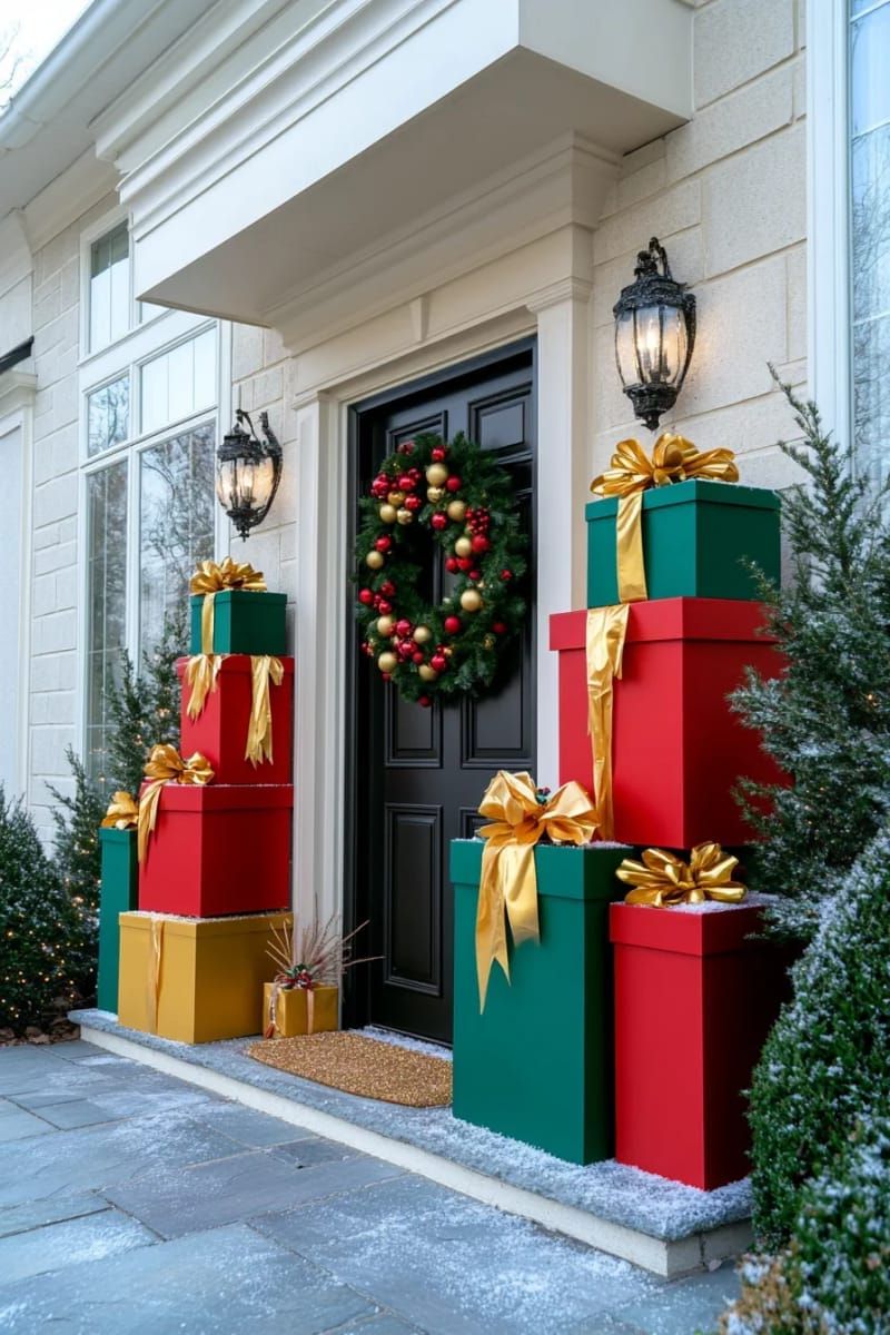 giant 3d gift boxes stacked with fairy lights and festive ribbon 1