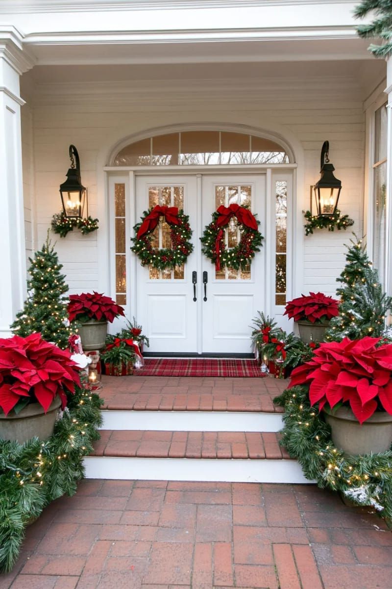 poinsettia-filled planters with matching garland and red ribbons 1