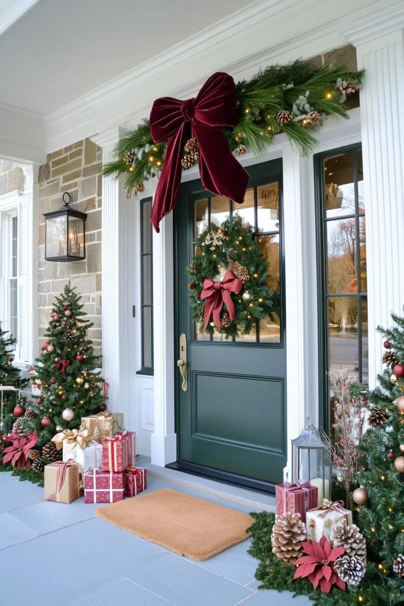 oversized red velvet bow with classic pine garland and pinecones around the door 1