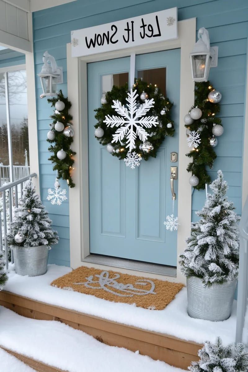 “let it snow” theme with snowflake cutouts and white mesh garland 1