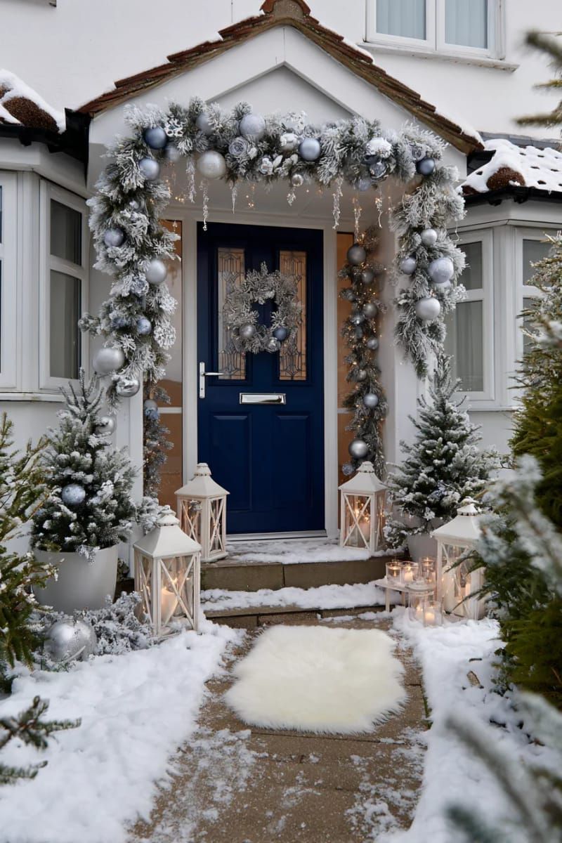 “winter wonderland” snowy scene with flocked garland and hanging ornaments 1