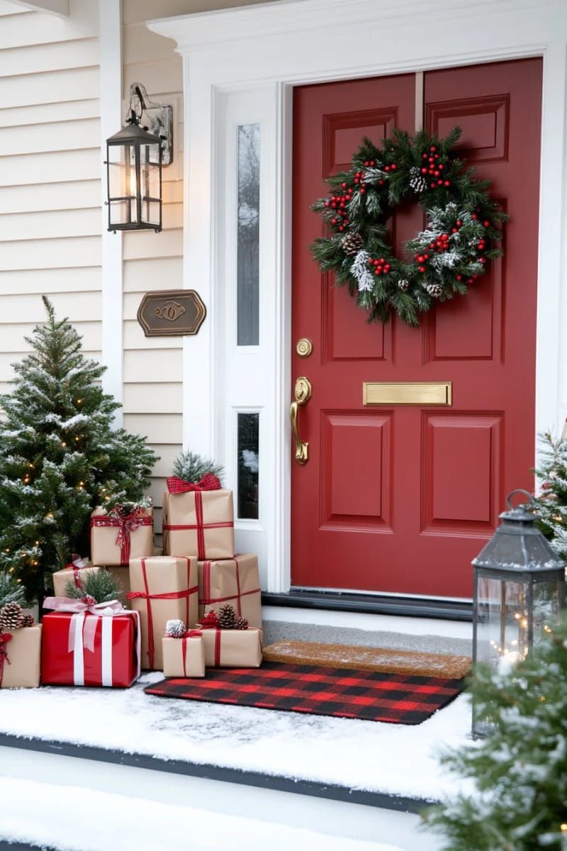 cozy red front door with layered wreaths and plaid floor mat 1