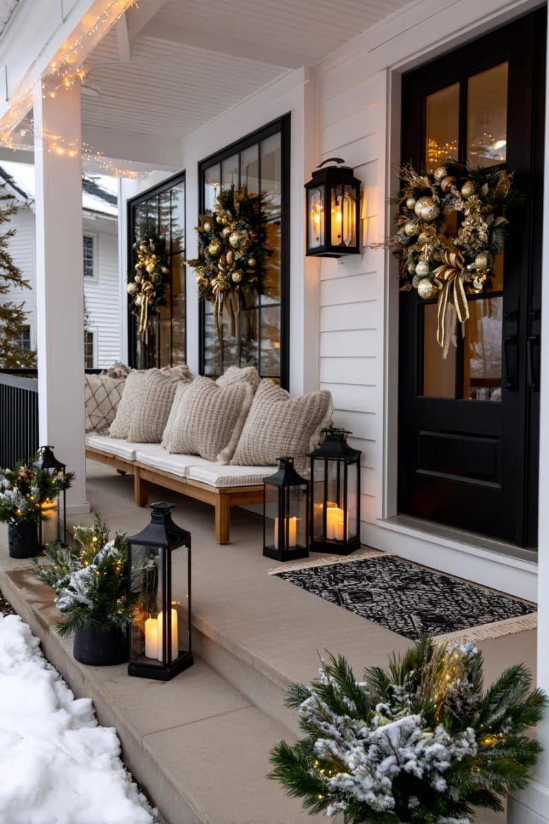 elegant gold and black ornaments with eucalyptus and neutral ribbon accents 1
