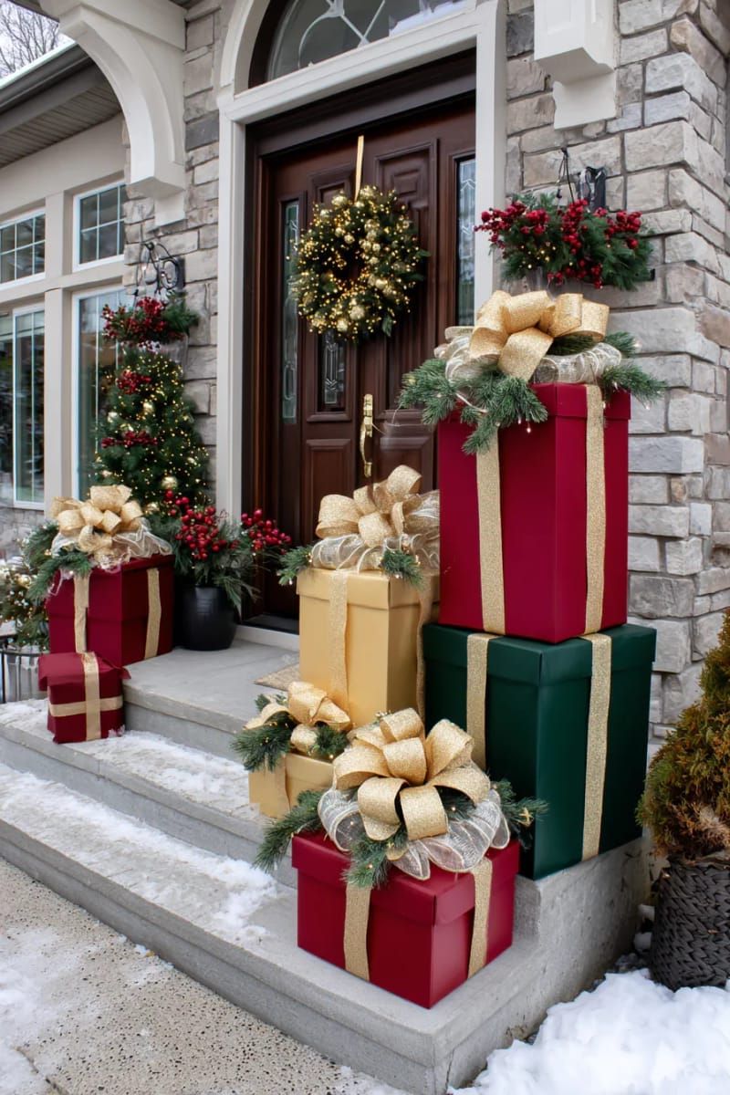 giant 3d gift boxes stacked with fairy lights and festive ribbon 1