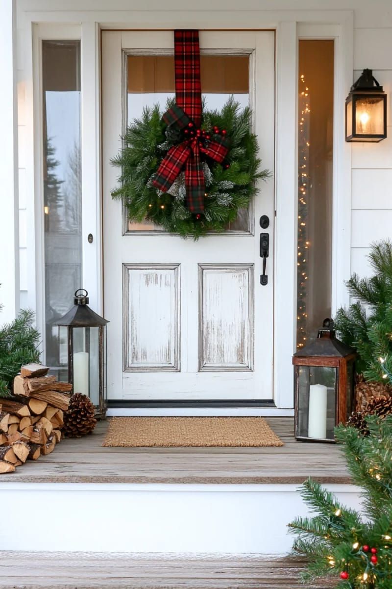 traditional farmhouse wreath with plaid bow and rustic berry branches 1