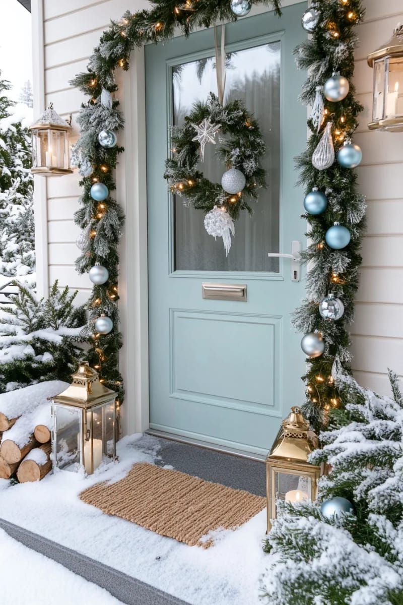 “winter wonderland” snowy scene with flocked garland and hanging ornaments 1