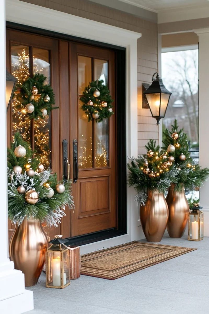 shimmering metallic ornament clusters and frosted greenery on both sides 1