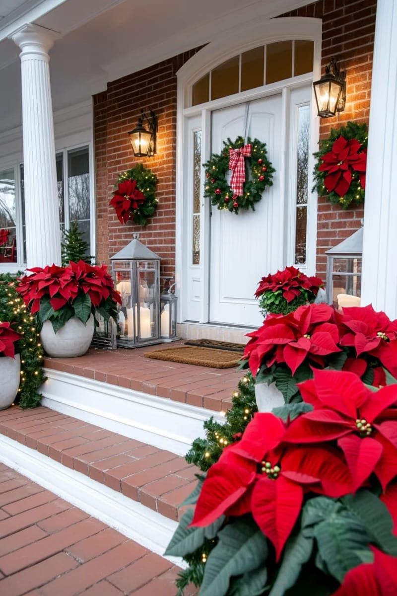 poinsettia-filled planters with matching garland and red ribbons 1