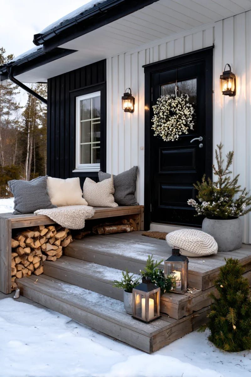 minimalist scandinavian pine wreath with white berries and twinkle lights 1