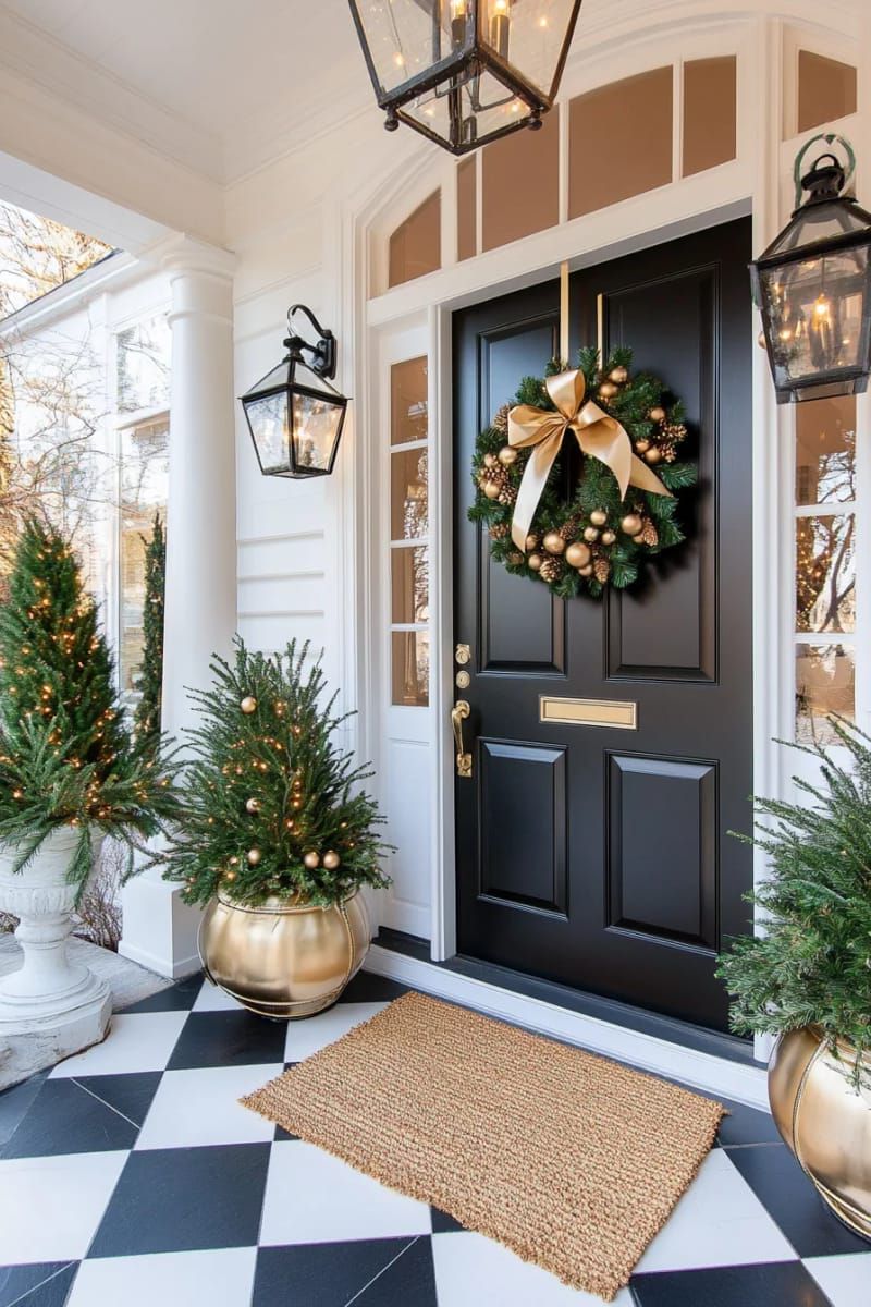 black door with simple magnolia wreath and golden accents for dramatic flair 1