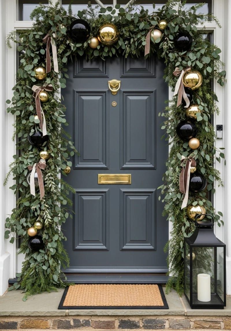 elegant gold and black ornaments with eucalyptus and neutral ribbon accents 1