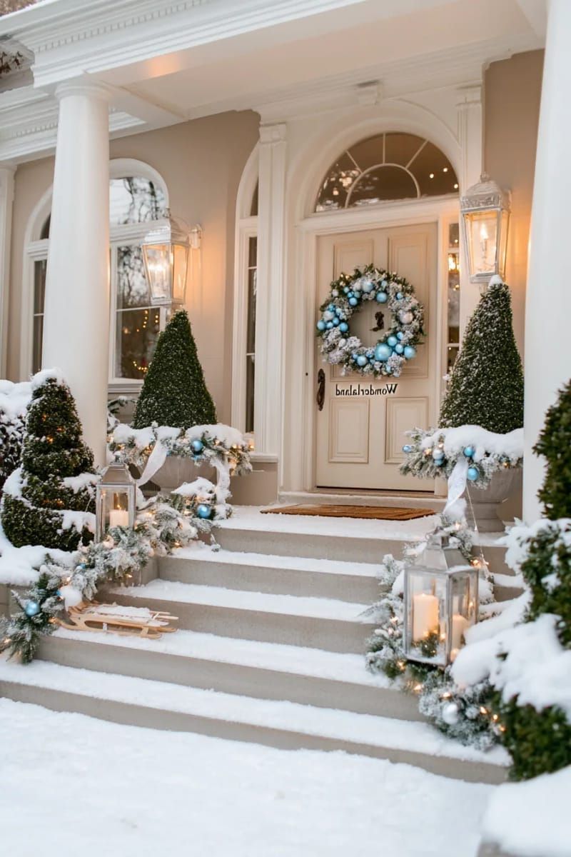 “winter wonderland” snowy scene with flocked garland and hanging ornaments 1