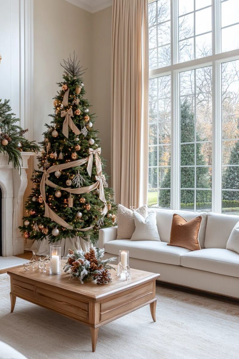 soft beige velvet ribbon bows on snowy pine christmas tree 1