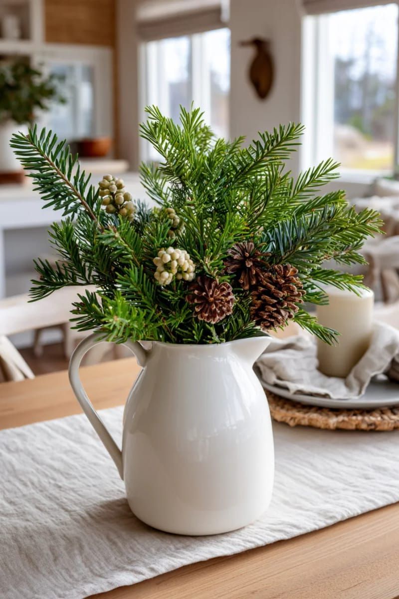 white ceramic pitcher filled with fresh evergreen clippings 1