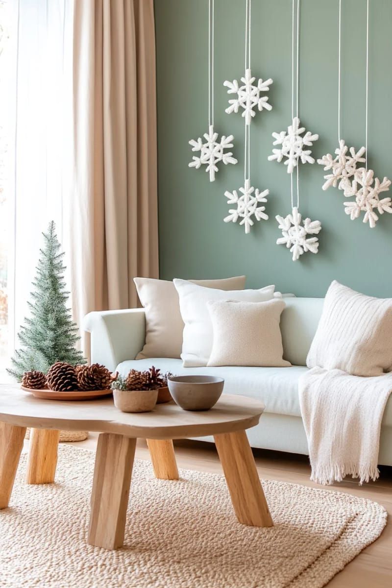 macrame snowflake hangings on a simple sage wall 1