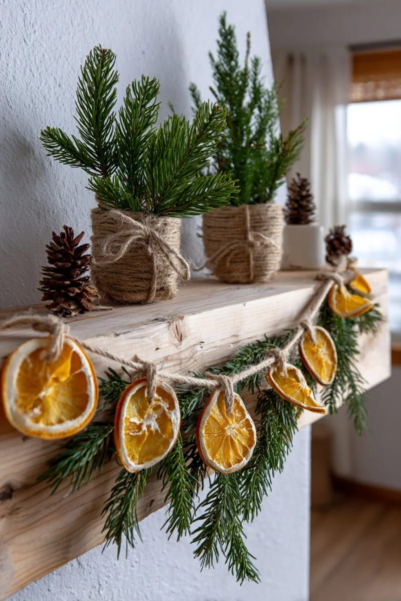 dried orange slices and twine garland across a whitewashed mantle 1