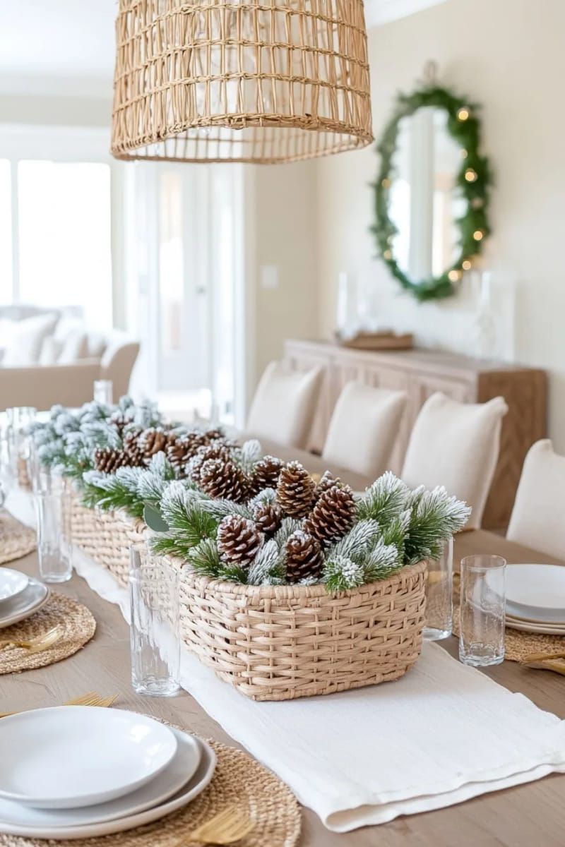 pinecones dusted with white paint in a woven basket centerpiece 1