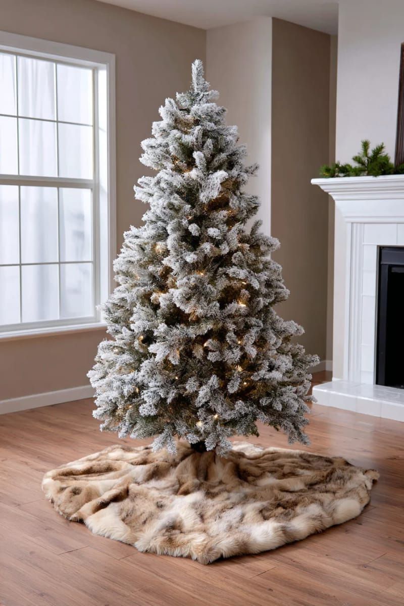 cozy brown faux fur rug under a flocked christmas tree 1