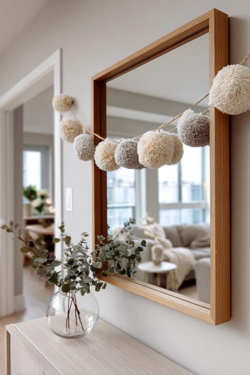 neutral-toned pompom garland strung across entryway mirror 1