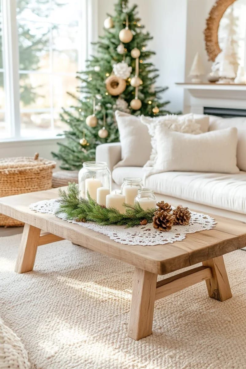 delicate lace doilies layered under pine-scented candles 1