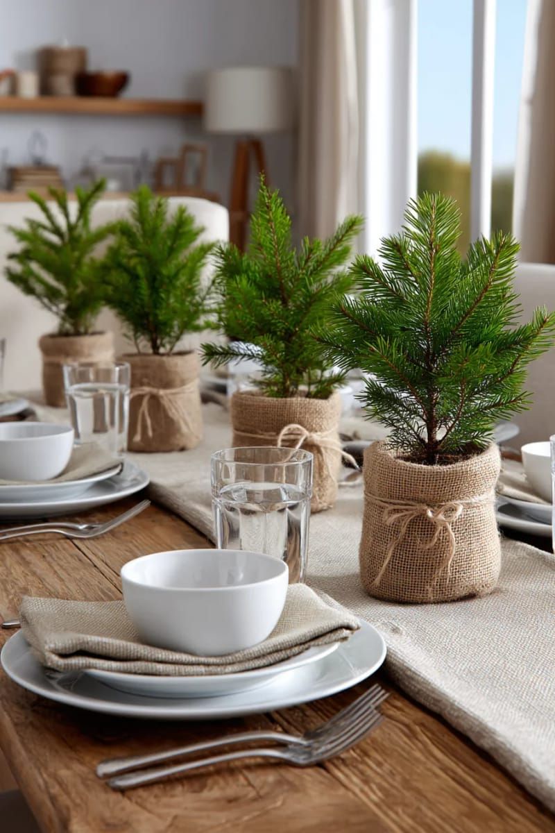 small fir trees in burlap-wrapped pots for the dining table 1