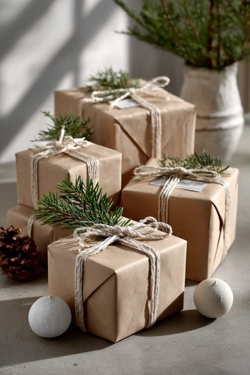 minimalist kraft paper gifts tied with cream cotton string 1