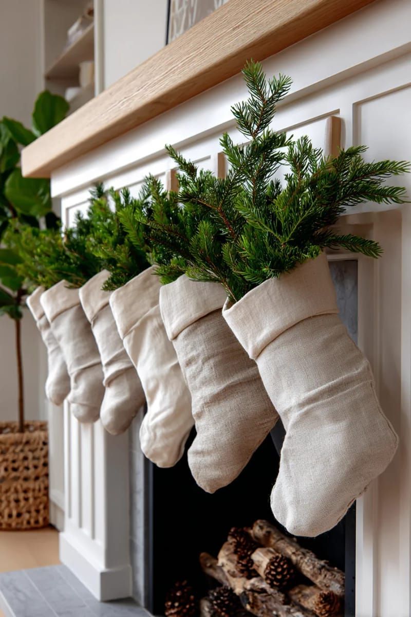 natural linen stockings with pine sprigs hanging from fireplace 1