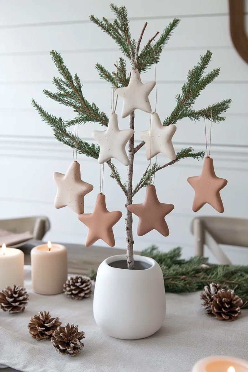 tabletop bare branch tree with clay star ornaments 1