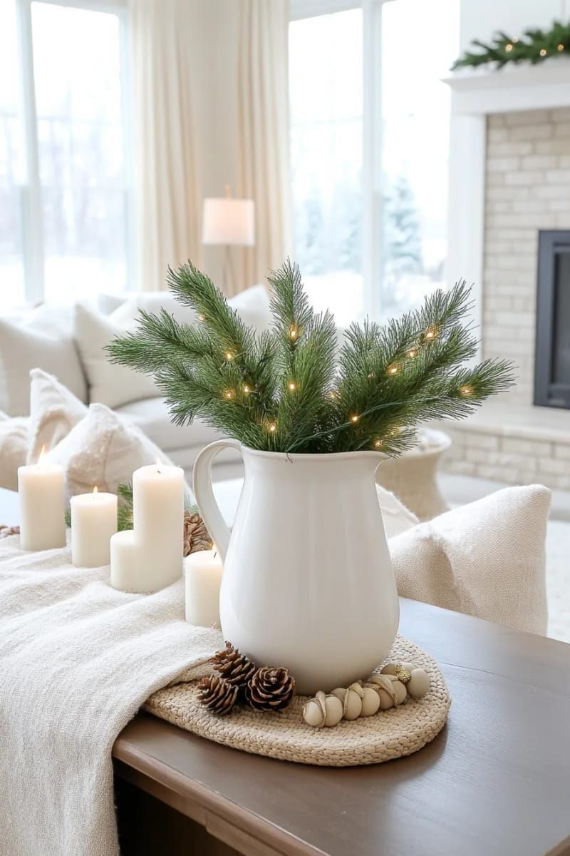 white ceramic pitcher filled with fresh evergreen clippings 1