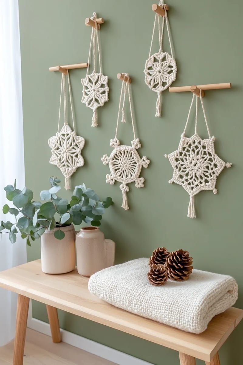 macrame snowflake hangings on a simple sage wall 1