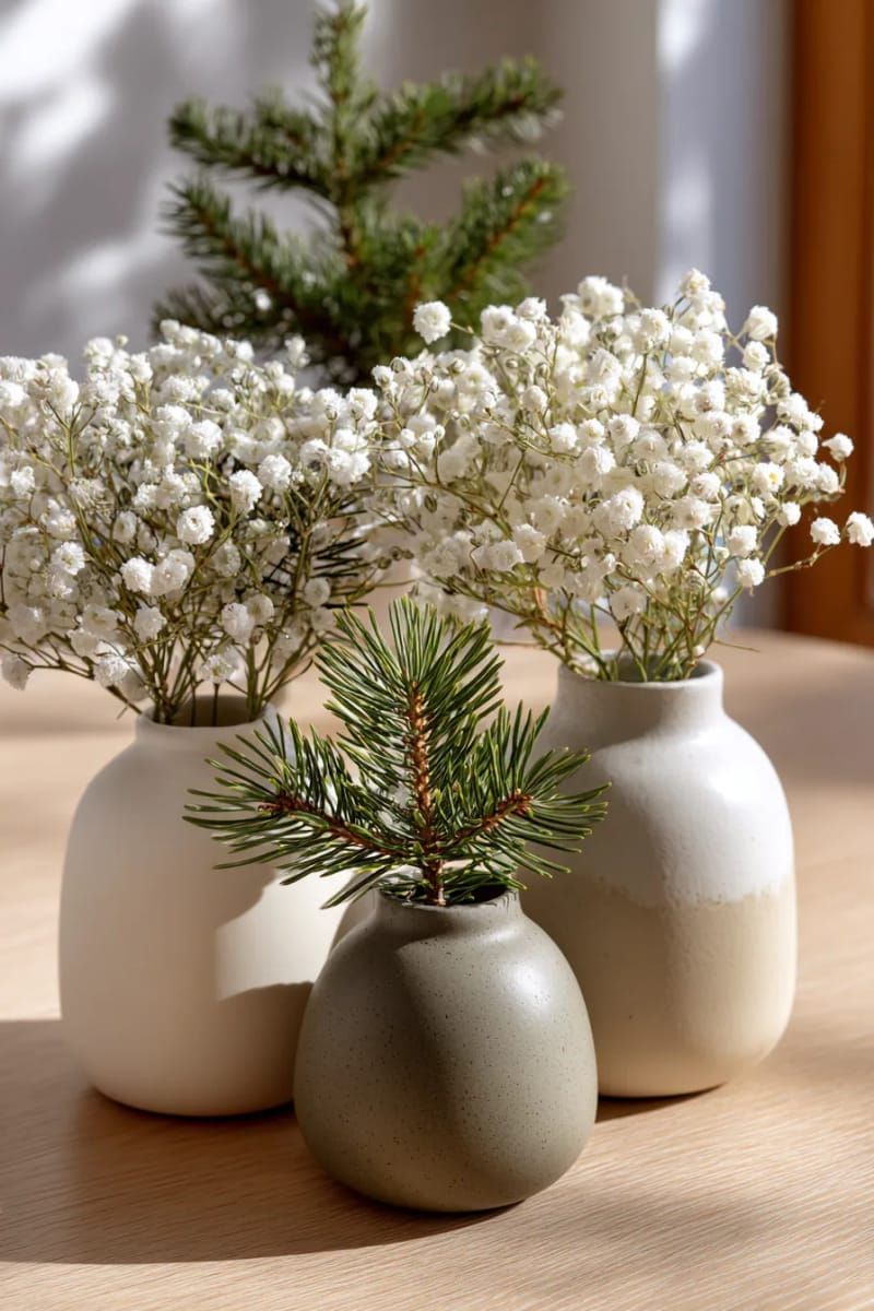 matte stoneware vases of dried baby's breath and pine 1