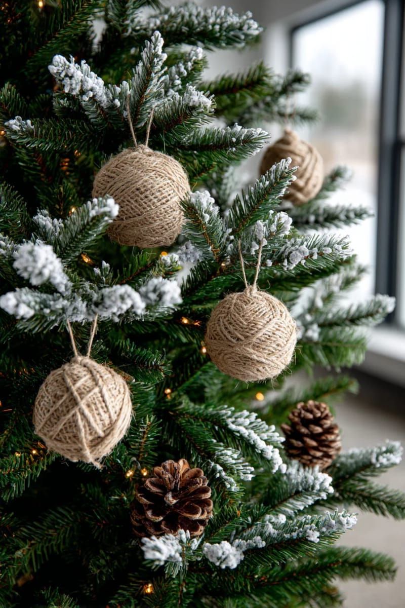 rustic jute-wrapped ornaments nestled among frosted tree branches 1