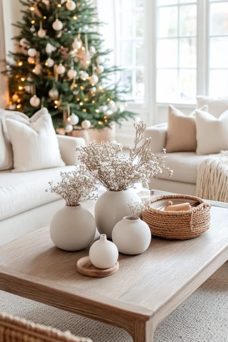 matte stoneware vases of dried baby's breath and pine 1