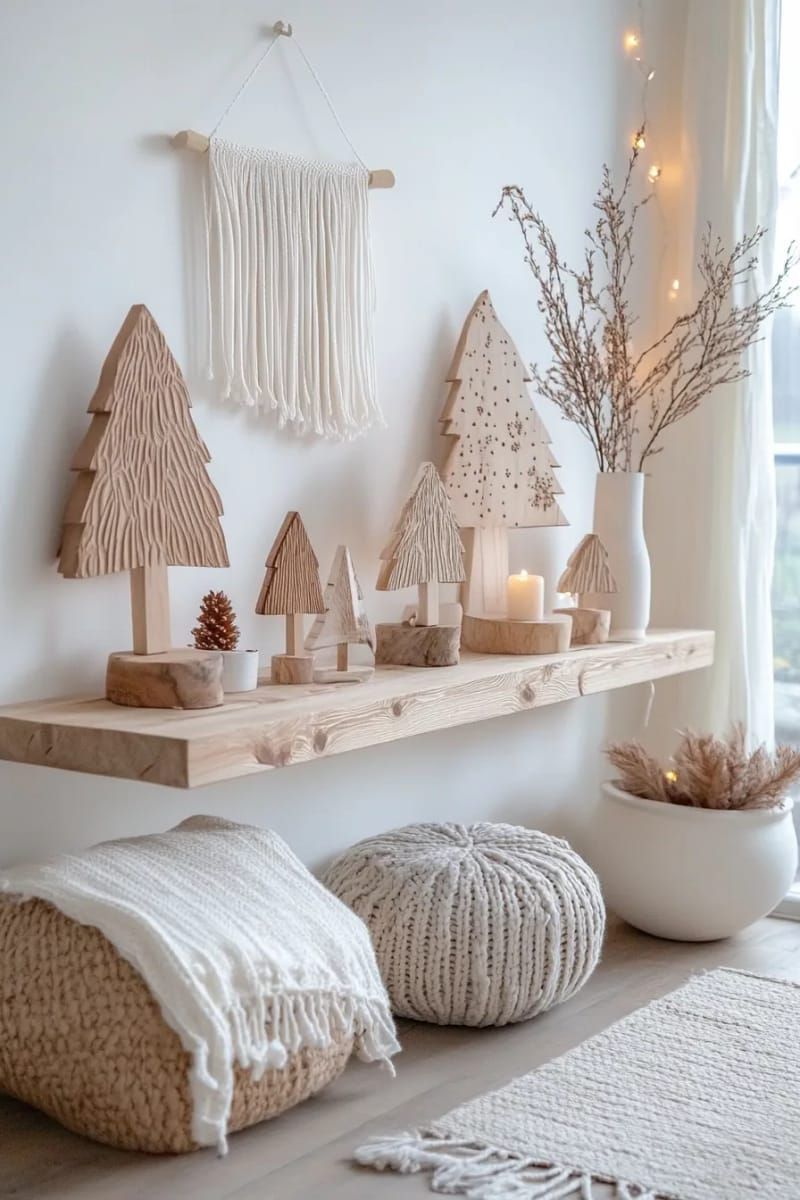 scandinavian wooden tree figurines on a floating shelf 1