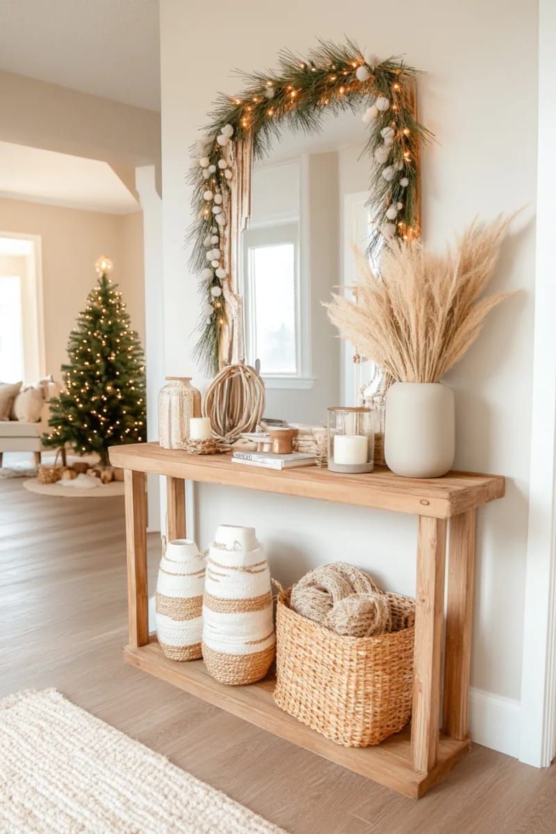 neutral-toned pompom garland strung across entryway mirror 1