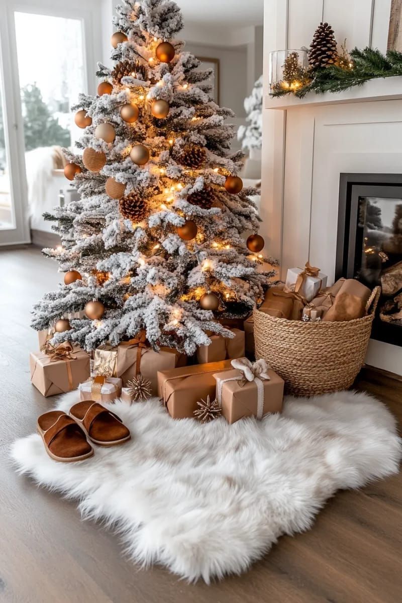 cozy brown faux fur rug under a flocked christmas tree 1